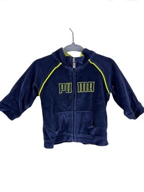 Puma Navy Blue Velour Neon Yellow Trim Full Zip Hooded Jacket Pockets Size 3-6M